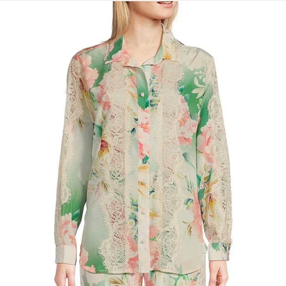 JOHNNY WAS Ruksana Lace Inset Detail Floral Print  Shirt